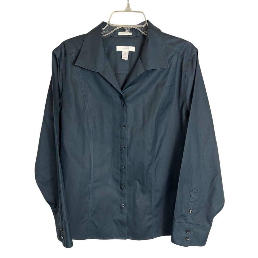 Chico's Effortless Cotton No-Iron Midnight Blue LS Button Front Shirt  XL (3)